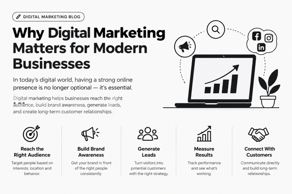 Why digital marketing matters for modern businesses, highlighting audience reach, brand awareness, lead generation, performance tracking, and customer relationships.