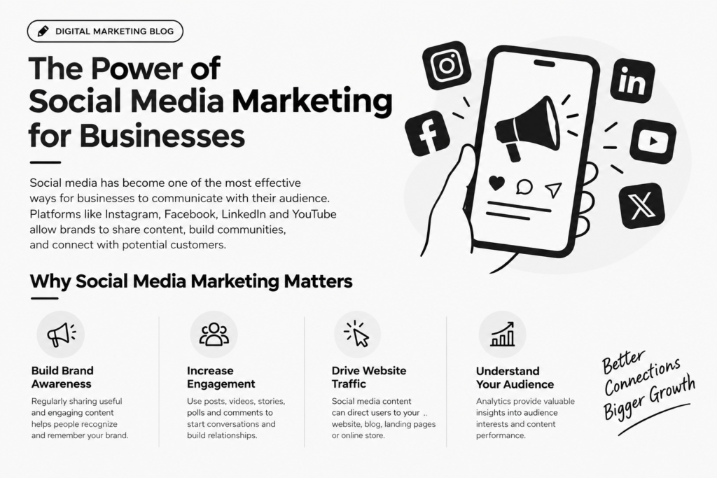 The power of social media marketing for businesses, highlighting brand awareness, audience engagement, website traffic, and customer insights.